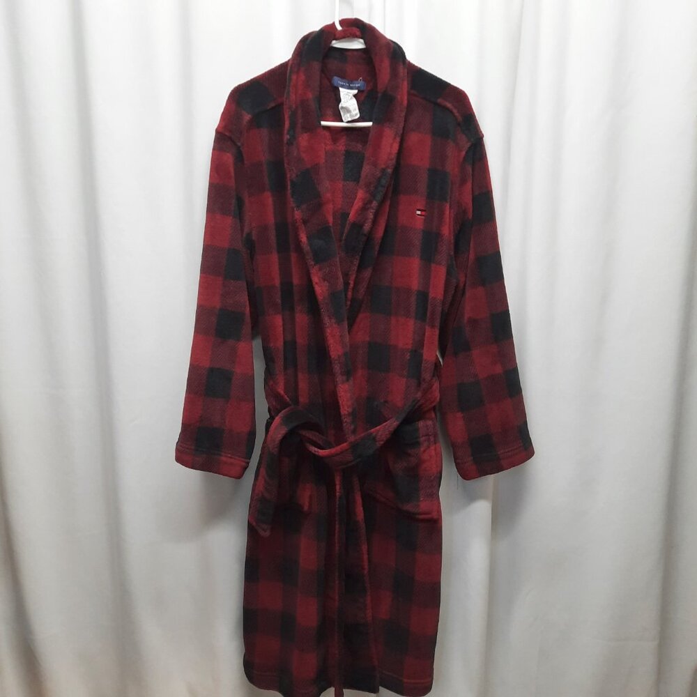 Tommy Hilfiger Mens Medium Plaid Fleece Robe Red Black Sleepwear Pajamas Warm